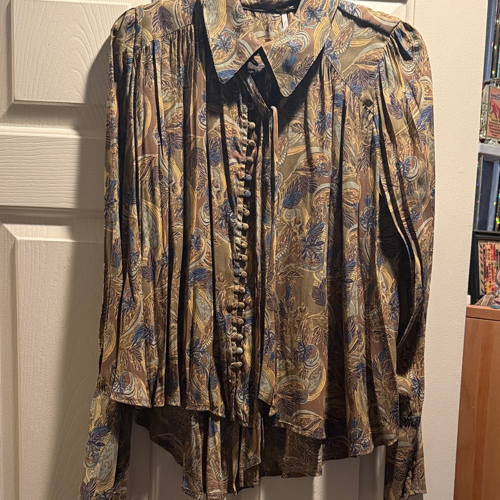 Free People Paisley Pleated Blouse - Brown and Blue